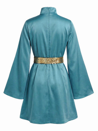 [Vorverkauf] Blau 1970er Satin Glockenärmel Mini Kleid