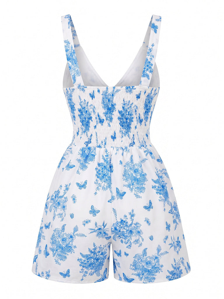 Blauer 70er Romper mit V-Ausschnitt und Blumen