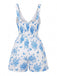 Blauer 70er Romper mit V-Ausschnitt und Blumen