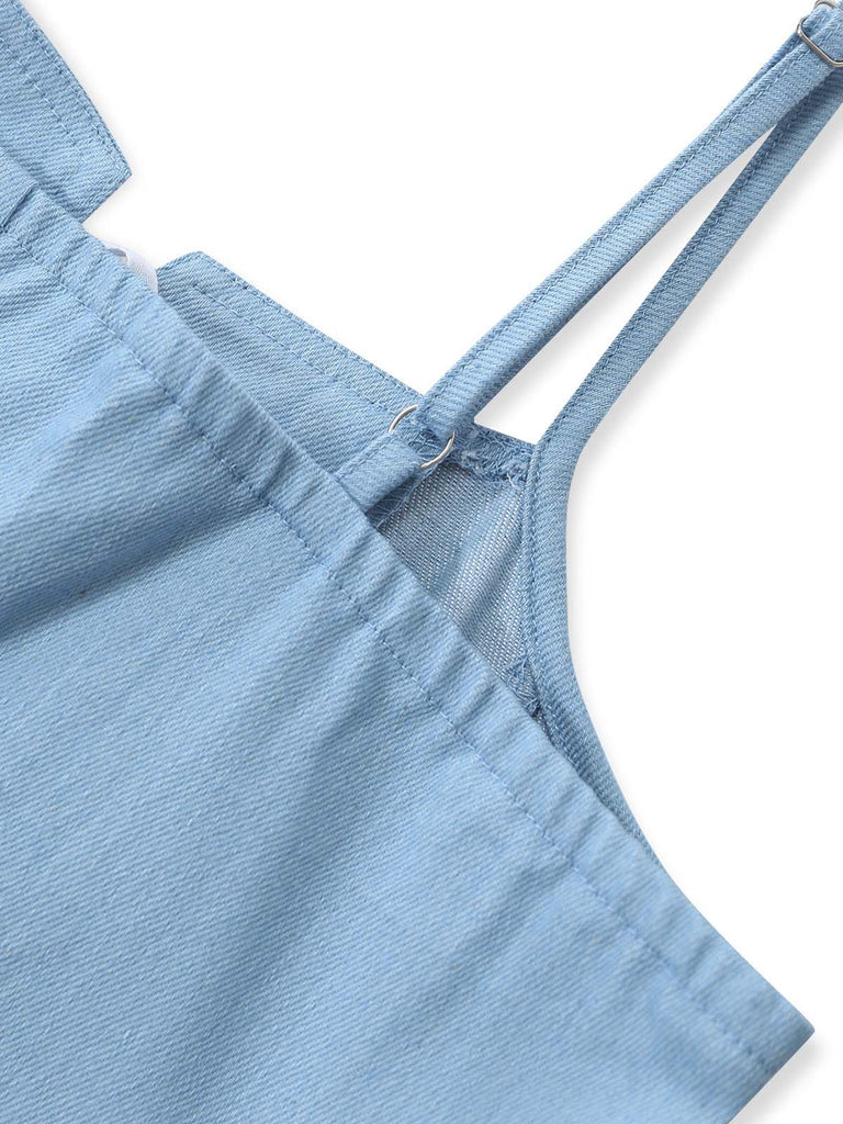 Blaues 80er Jeans-Korsett-Kleid mit Spaghettiträger und Spitze