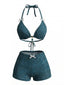Blaues 80er Jeans-Bikini-Set mit Neckholder und Schleife