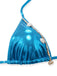 Glänzendes blaues Metallic-Bikini-Set im Stil der 1980er Jahre mit Muscheldetails, perfekt für einen glamourösen Retro-Strandlook oder einen sommerlichen Poolurlaub.