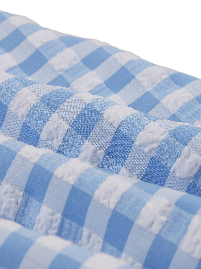 Blaues kariertes Rüschen-Swingkleid aus den 1950er Jahren