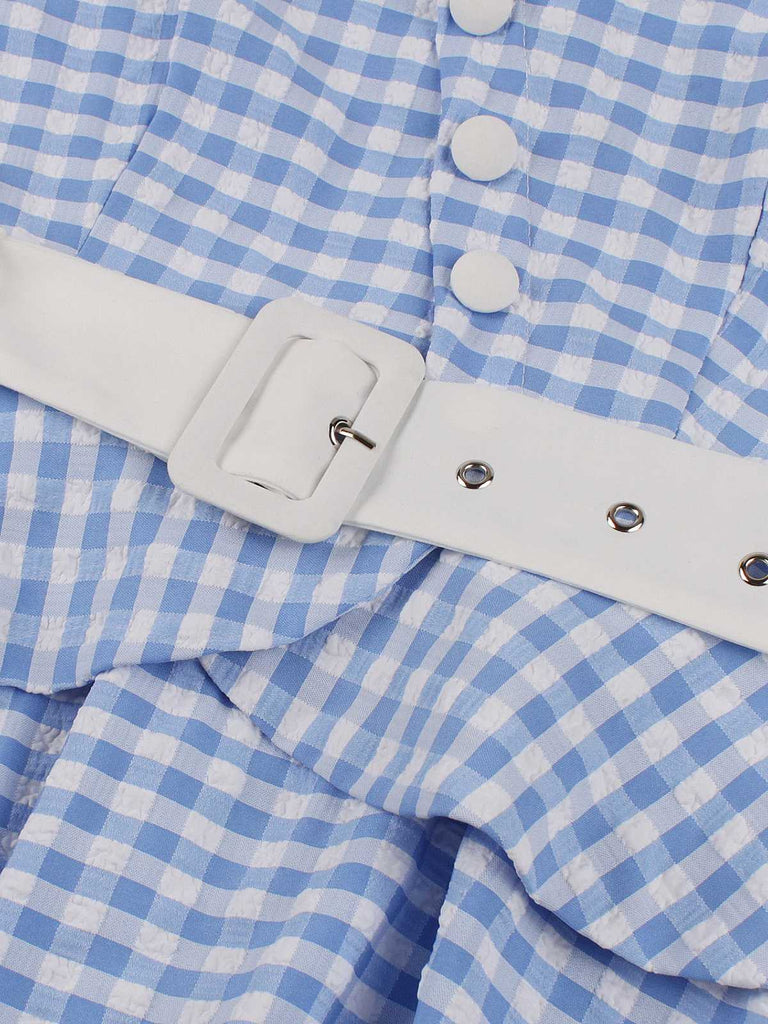 Blaues kariertes Rüschen-Swingkleid aus den 1950er Jahren