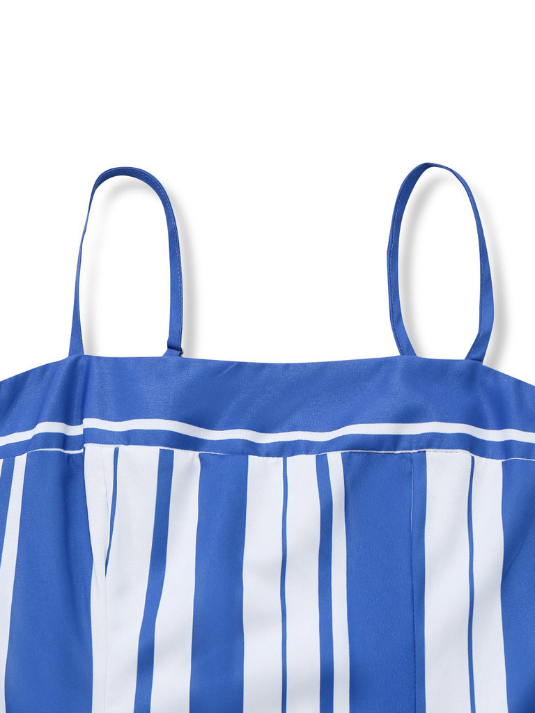Blau-weiß gestreiftes Midikleid im Stil der 1950er Jahre mit Spaghettiträgern