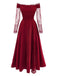 Bordeauxrot 1930er Schulterfrei Spitze Langarm Kleid