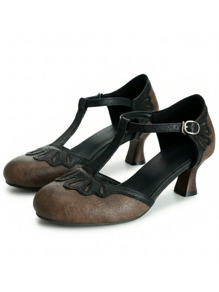 Braun Rund T-Steg Blockabsatz Absatzschuhe