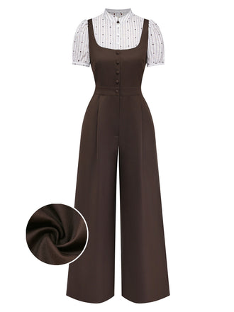 Brauner Jumpsuit mit Nahaufnahme der Stoffstruktur auf weißem Hintergrund