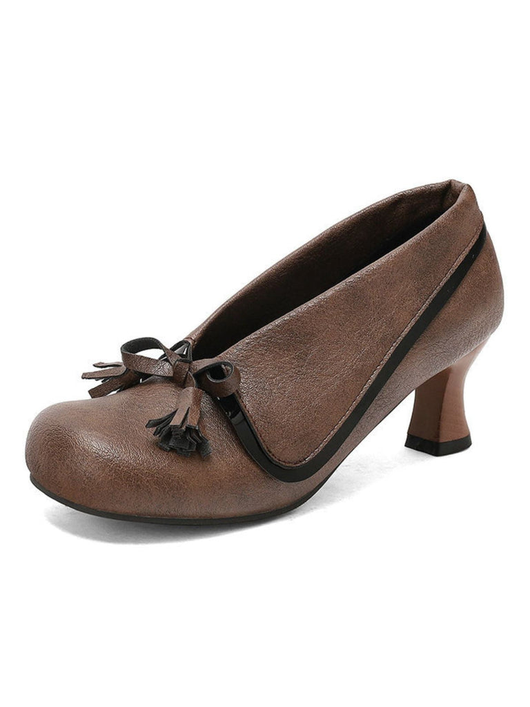 Braun Retro Bogen PU Rundspitze Blockabsatz Schuhe