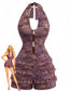 Braun Y2k Halter Blumen Gestuft Rüschen Perlen Romper