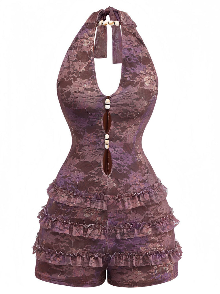 Braun Y2k Halter Blumen Gestuft Rüschen Perlen Romper