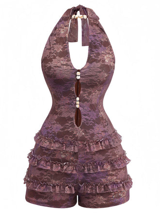 Braun Y2k Halter Blumen Gestuft Rüschen Perlen Romper