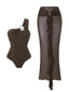Brauner 30er Badeanzug & Mesh-Rüschen-Cover-Up