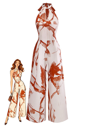 Brauner 30er Ärmelloses Jumpsuit mit Blumen-Print und Neckholder