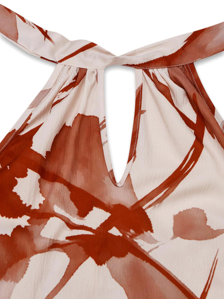 Brauner 30er Ärmelloses Jumpsuit mit Blumen-Print und Neckholder