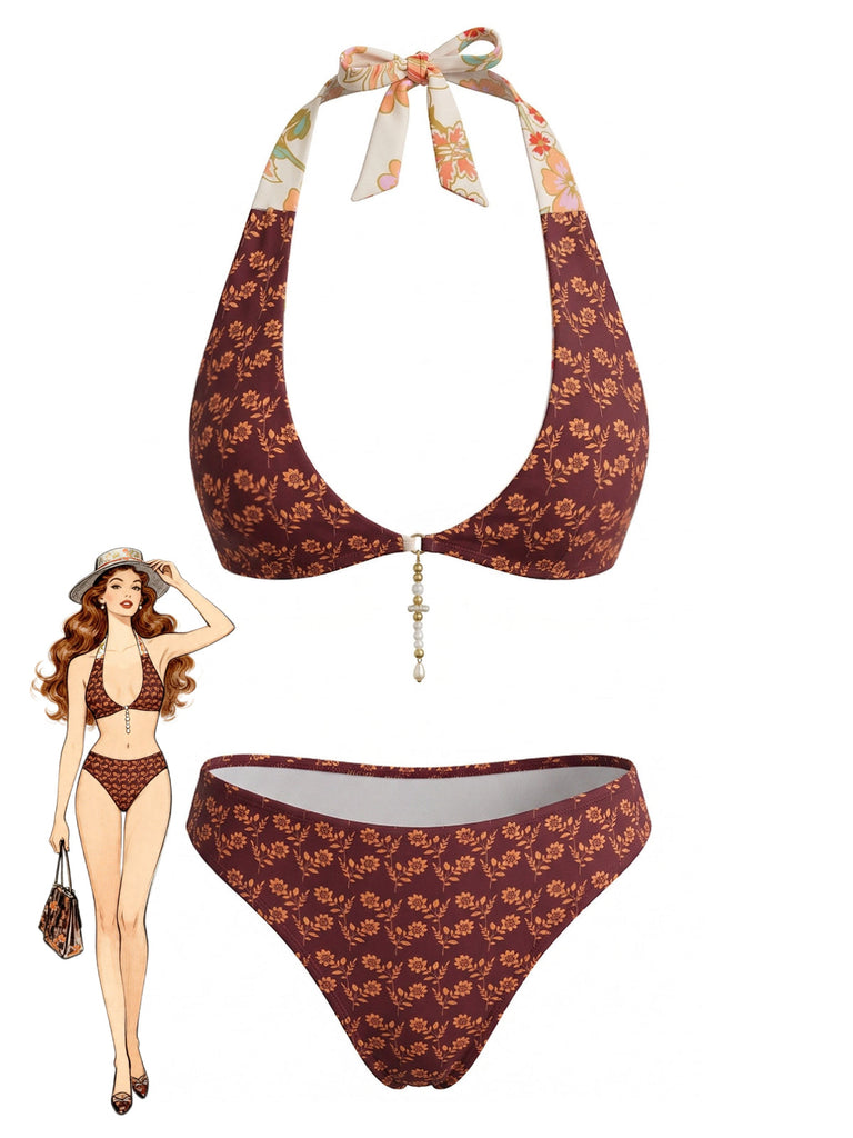 Braunes 40er Bikini-Set mit Neckholder und Blumen