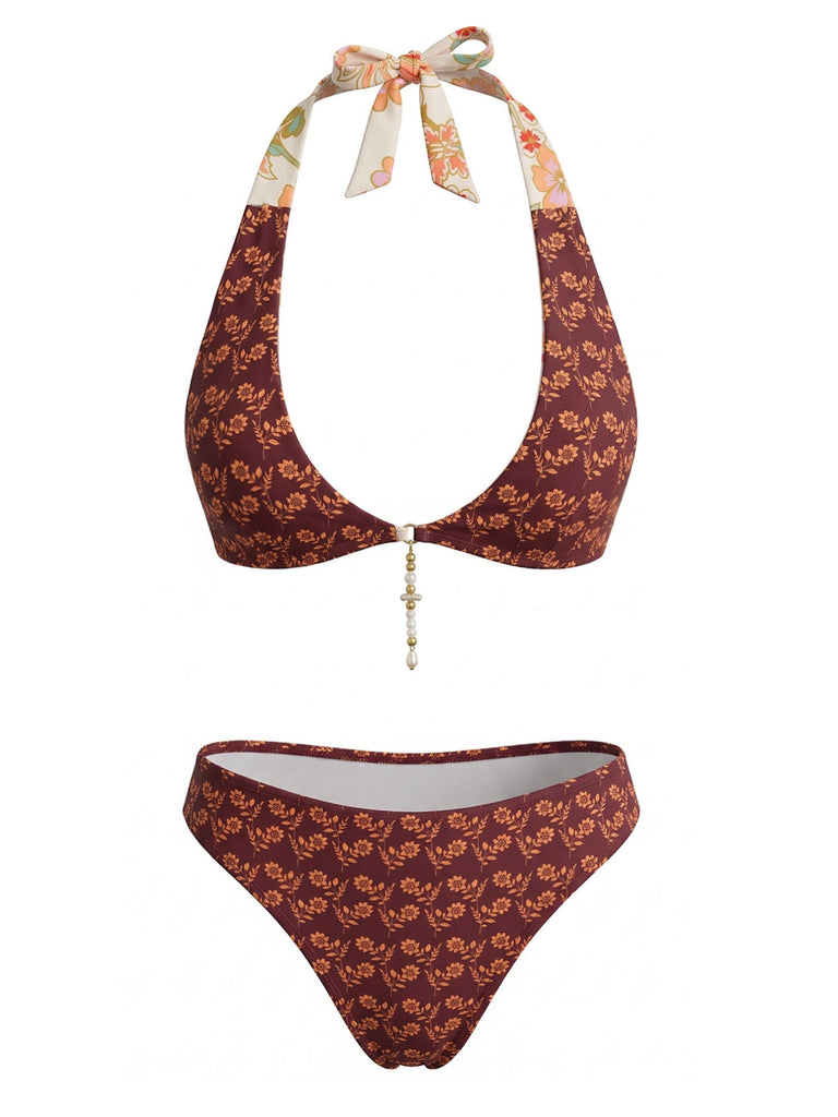 Braunes 40er Bikini-Set mit Neckholder und Blumen