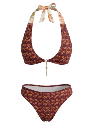 Braunes 40er Bikini-Set mit Neckholder und Blumen