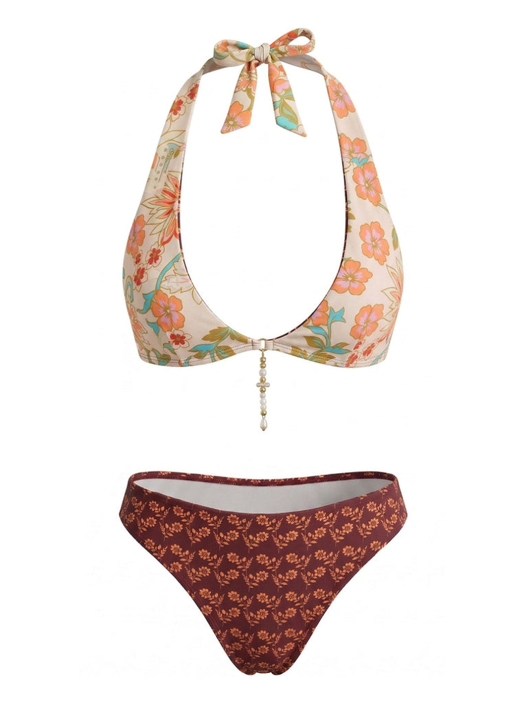 Braunes 40er Bikini-Set mit Neckholder und Blumen