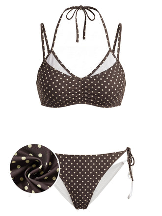 Braunes 50er Bikini-Set mit Polka-Dots und Neckholder