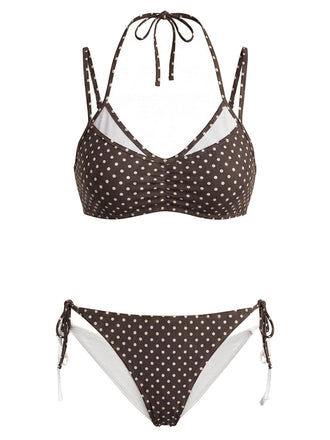Braunes 50er Bikini-Set mit Polka-Dots und Neckholder