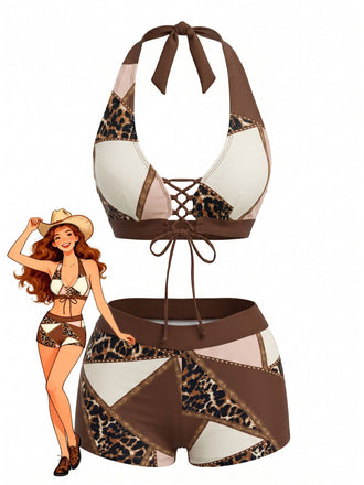 Leoparden-Printes & Braunes 60er Tankini-Set mit Schnürung und Western