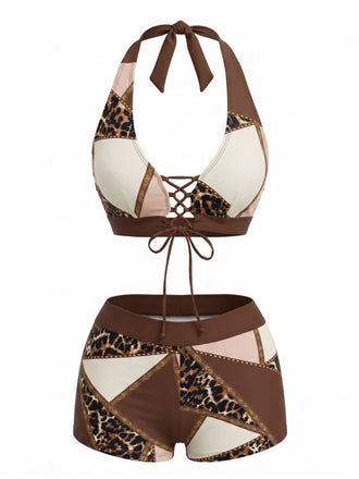 Leoparden-Printes & Braunes 60er Tankini-Set mit Schnürung und Western