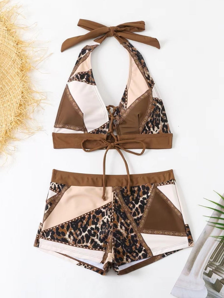 Leoparden-Printes & Braunes 60er Tankini-Set mit Schnürung und Western