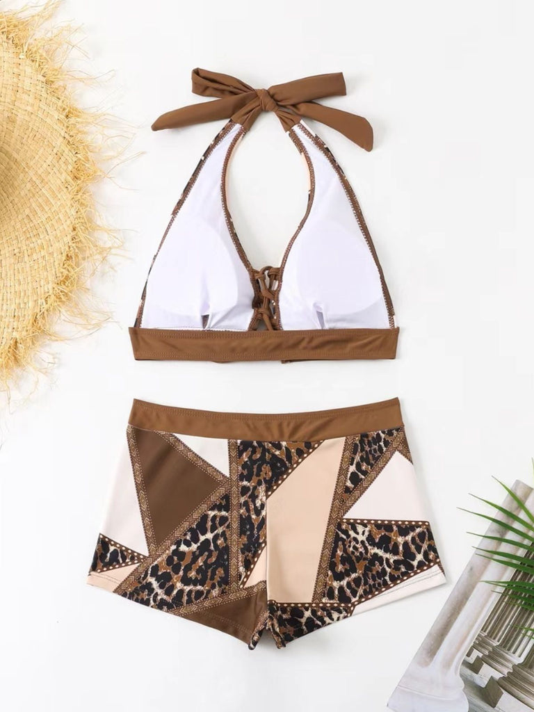Leoparden-Printes & Braunes 60er Tankini-Set mit Schnürung und Western