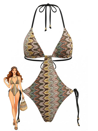 Brauner 70er Boho Badeanzug mit gerafft und Print