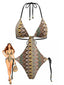 Brauner 70er Boho geraffter Badeanzug mit Chevron-Print