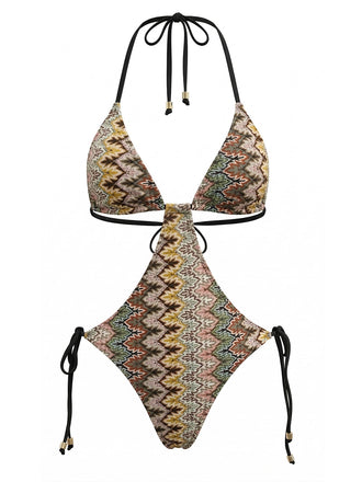 Brauner 70er Boho Badeanzug mit gerafft und Print