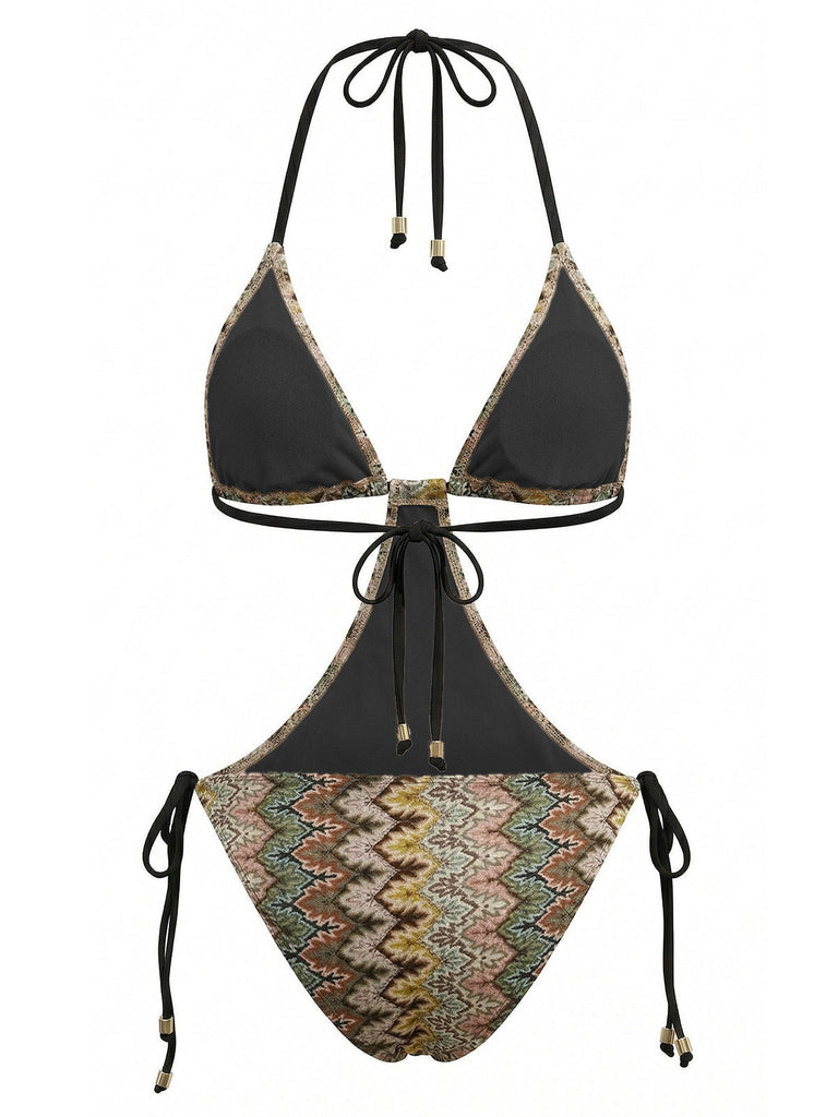 Brauner 70er Boho Badeanzug mit gerafft und Print