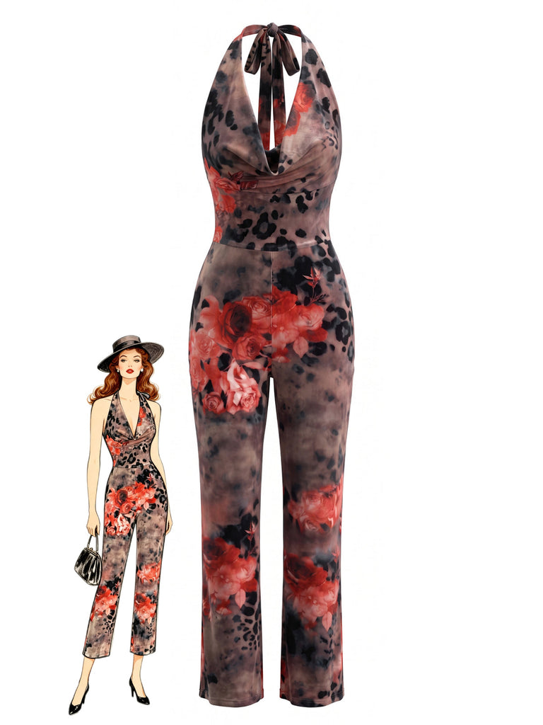 Brauner 70er Jumpsuit mit Wasserfallausschnitt und Neckholder