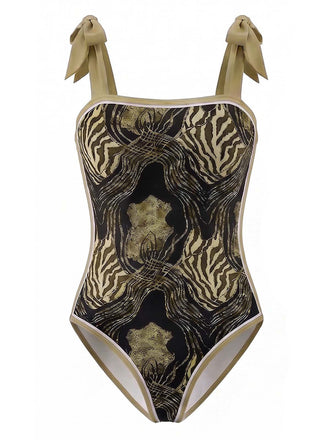 Brauner 70er Badeanzug & Cover-Up mit Print und Zebra