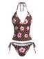 Braunes 80er Tankini-Set mit Blumenmuster und Polka-Dots