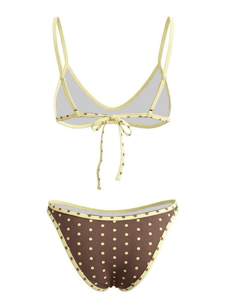 Braunes 80er Bikini-Set mit Polka-Dots und Farbblock