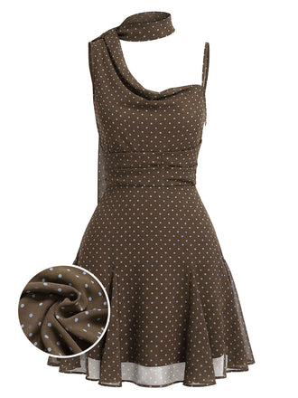 Braunes 00er Kleid mit Polka-Dots und Bindeband