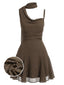 [Vorverkauf] Braunes 00er Chiffon-Kleid mit Polka-Dots und Schleifenkragen