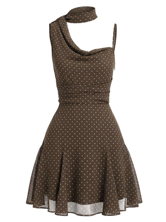 Braunes 00er Kleid mit Polka-Dots und Bindeband