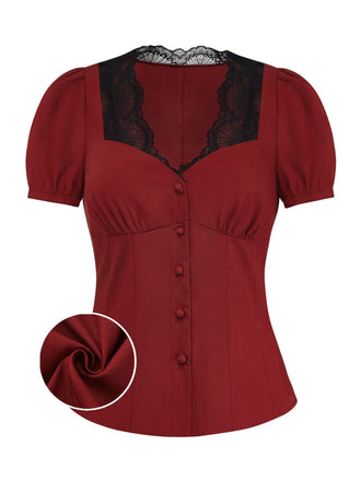 Burgunderrot 1950er Spitzenbesatz Puffärmel Bluse-with-detail