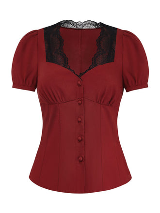 Burgunderrot 1950er Spitzenbesatz Puffärmel Bluse