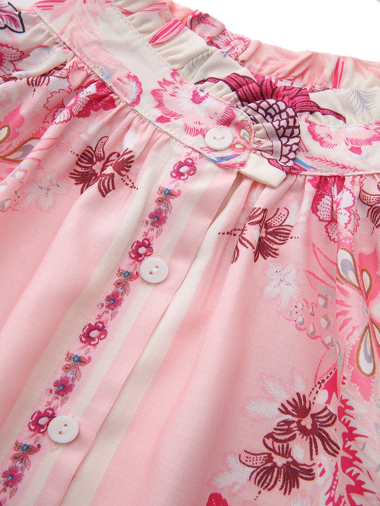 2PCS Rosa 1970er Bohemian Blumen Bluse & Hochgeschnitten Shorts