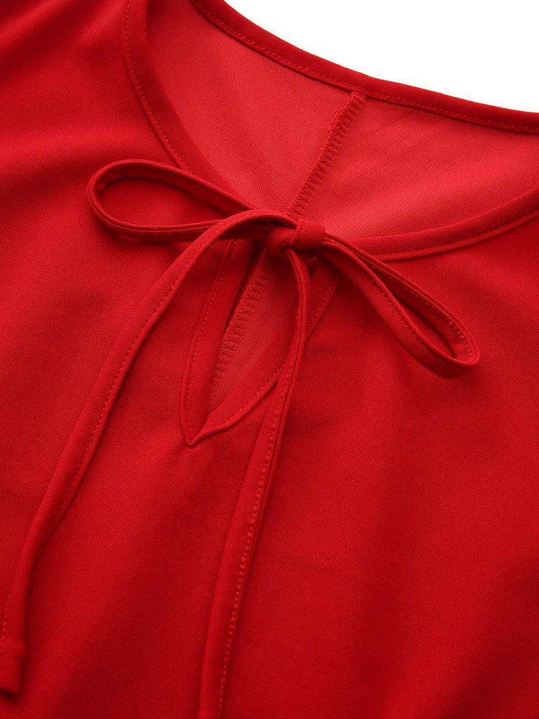 Rot 1960er Bogen Hals Rüsche Saum Ärmellos Kleid