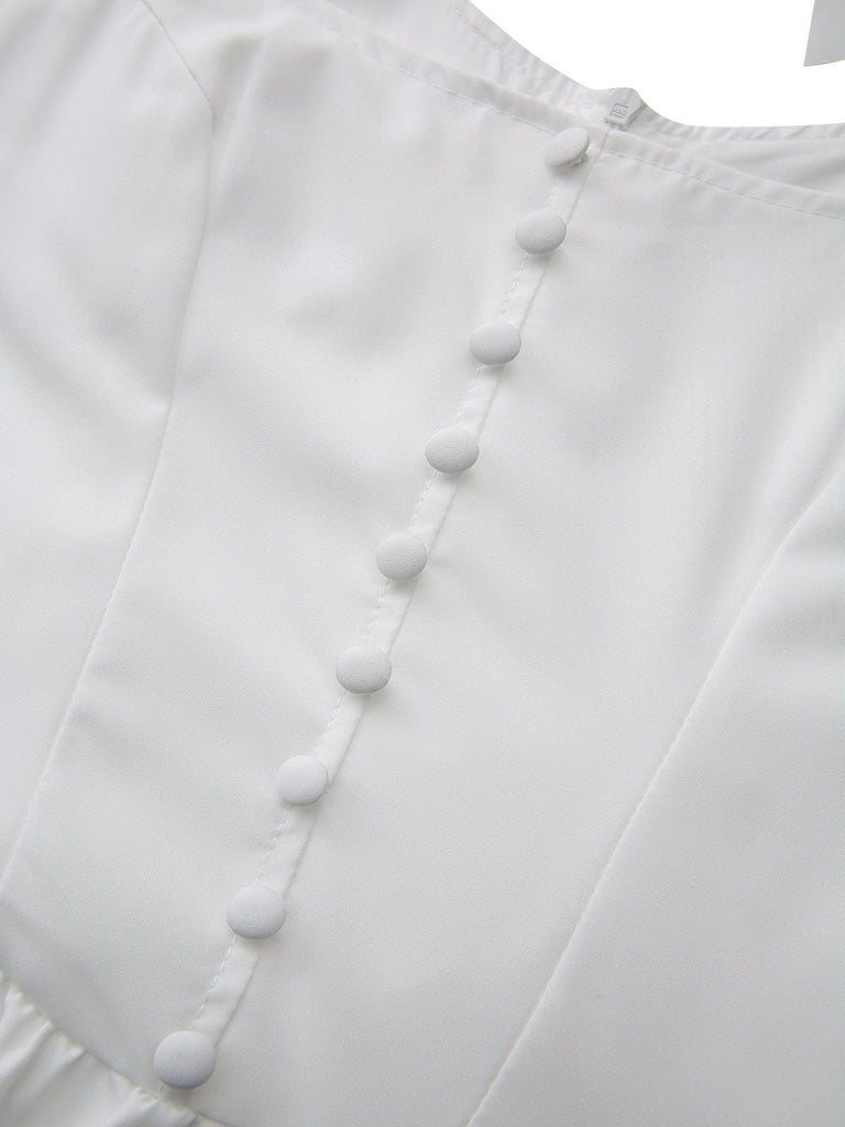 Weiß 1940er Solide Schnürung Knopf Kleid