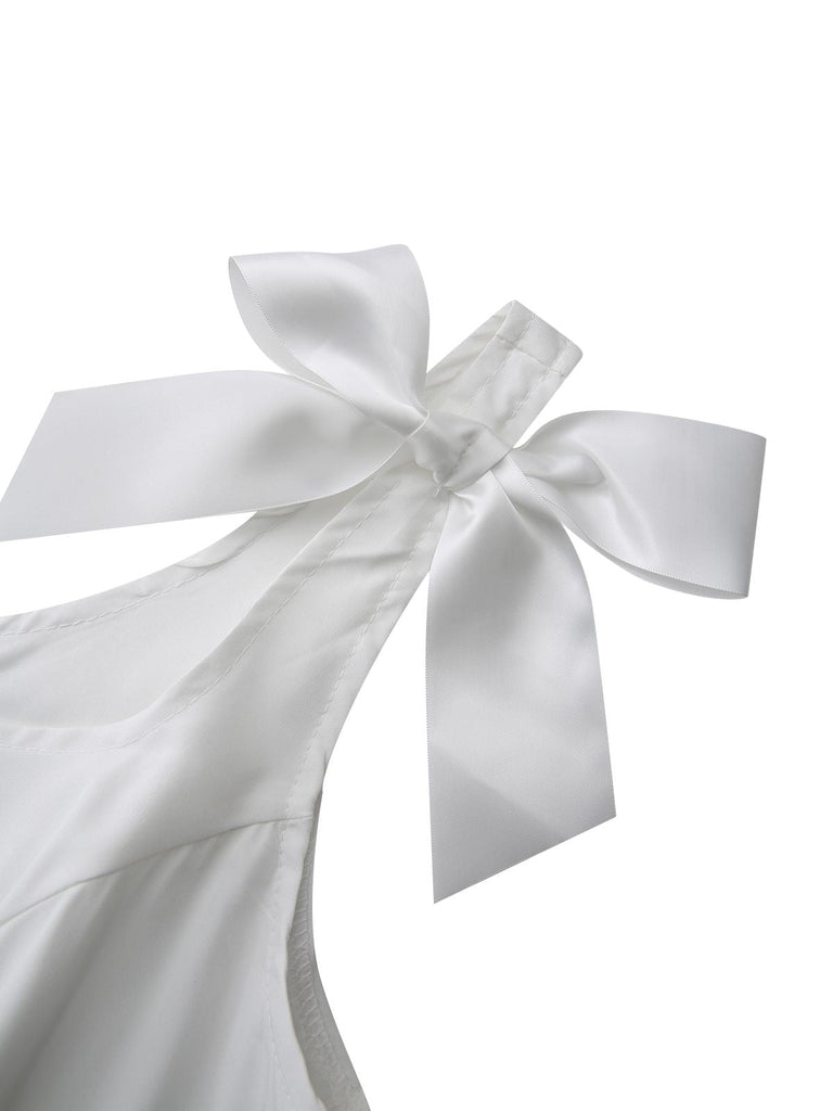 Weiß 1940er Solide Schnürung Knopf Kleid