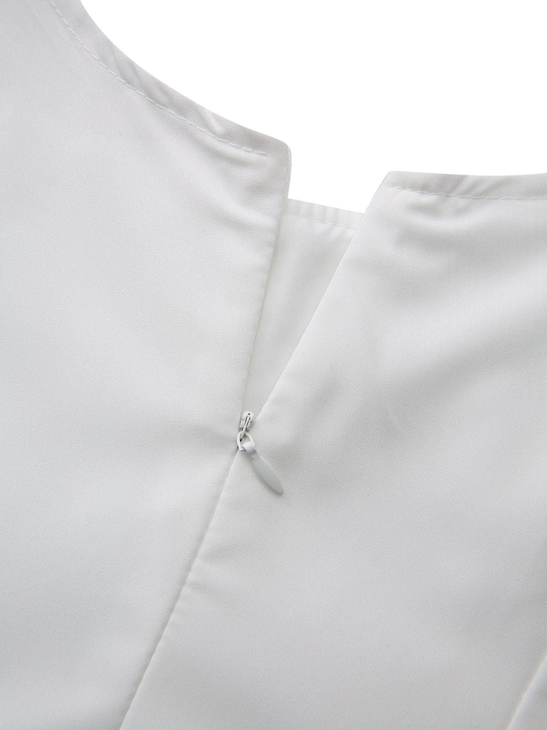 Weiß 1940er Solide Schnürung Knopf Kleid