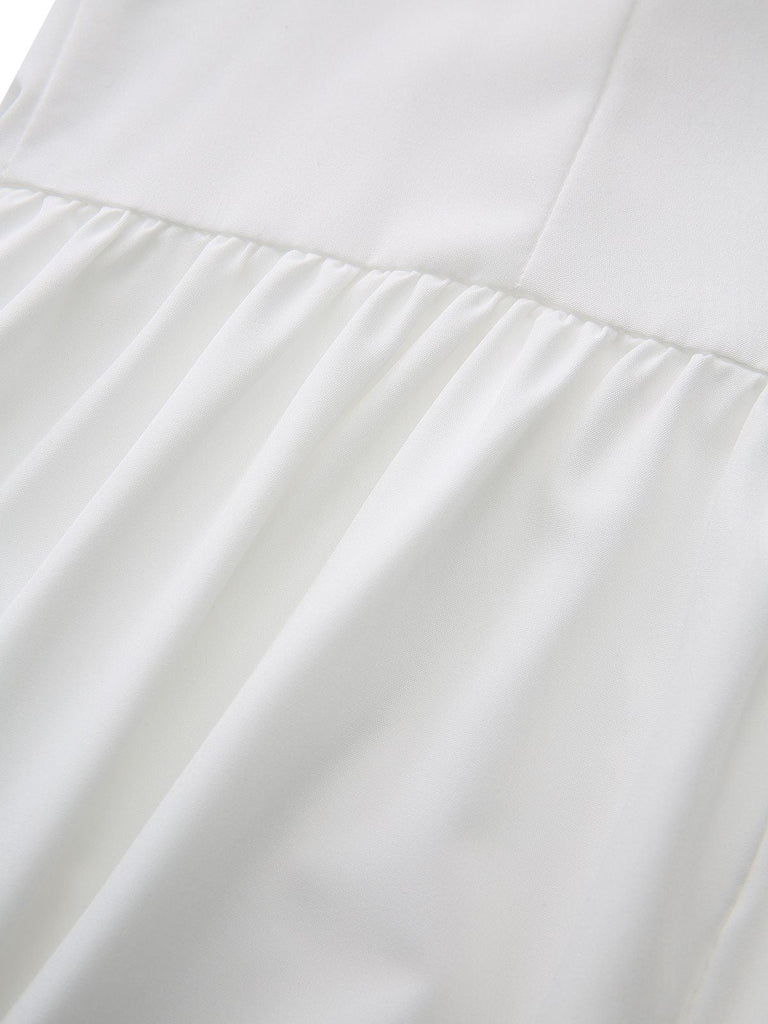 Weiß 1940er Solide Schnürung Knopf Kleid