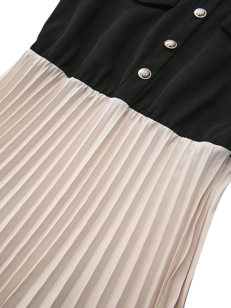 Khaki 1940er Revers Farbblock Plissiertes Swing Kleid