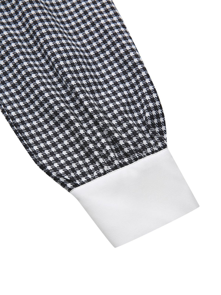 Schwarz 1940er Hahnentritt Puffärmel Perlen Taste Kleid